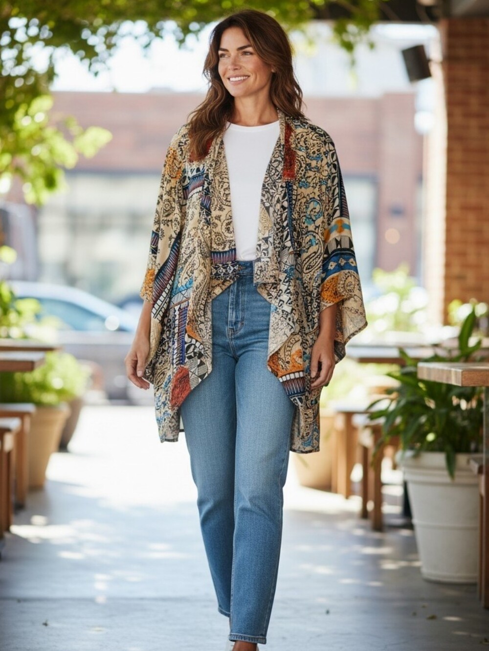 Unique Spectrum Cream Multi-Color Bohemian Kimono Cardigan Sz. XXL